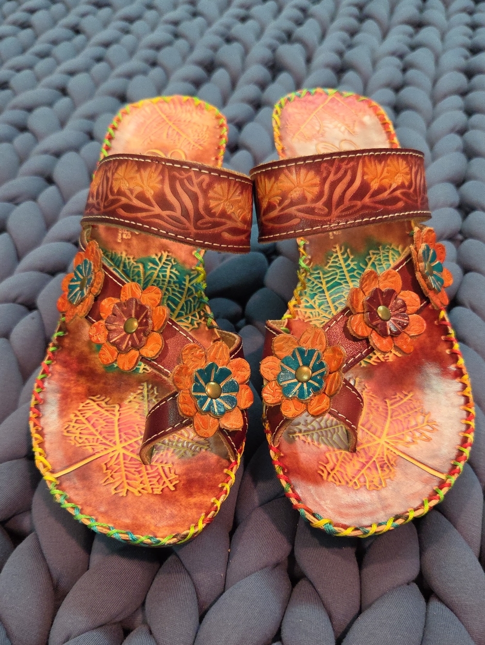 Corky's Elite Floral Leather Sandals - Brown with Orange & Teal Accents